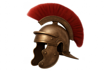 Roman centurion helmet with red plume on transparent background