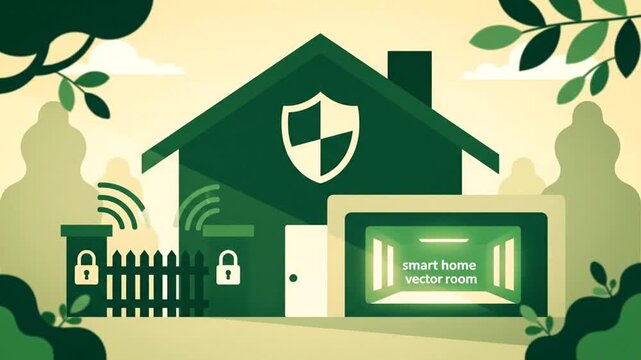 Secure Smart Home Automation Concept Showing Tech, Shields, Buildings, and Digital Access Security