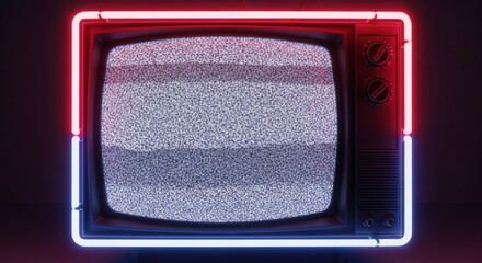 Retro television with vibrant neon lights displaying static, evoking nostalgia and modern aesthetics for broadcast or media concepts