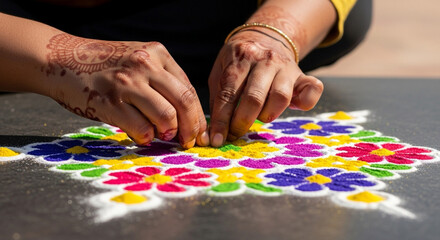 Obraz premium Hands with intricate henna designs expertly create a vibrant, colorful rangoli pattern, celebrating cultural tradition and artistic expression.