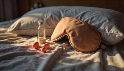 Relaxing bedtime essentials on textured pillow, cozy comfort