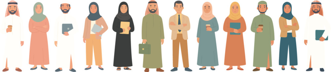 Crisp flat vector lineup of diverse Middle Eastern people in traditional and modern attire, including hijab, abaya, thobe, and business outfits; clean full body characters for education and design.