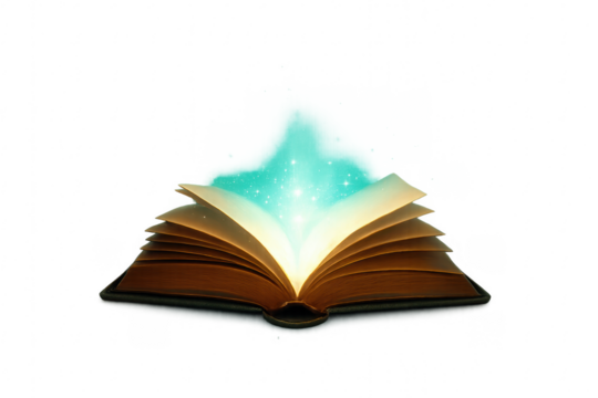 Open book glowing with magical light and stars