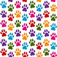 Seamless pattern with animal paw print. Colored vector background on white.