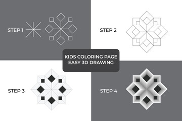 Easy 3d drawing tutorial for kids coloring page, 3D Geometric Cube Illusion, Symmetrical Star Pattern, Abstract Depth and Perspective Design, Futuristic 3D Background