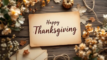 Happy thanksgiving background image with flowers pumpkin and rustic wooden table surface design on transparent background