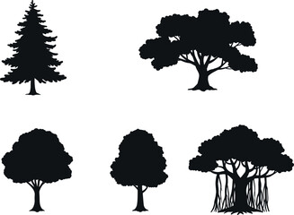 Black Tree Silhouettes Set Featuring Diverse Canopy Shapes Including Pine, Oak, Banyan and Deciduous Styles for Nature Design Concepts