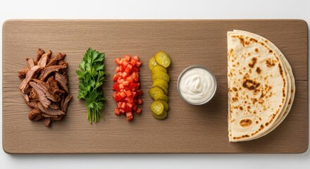 Deconstructed shawarma ingredients arranged neatly on a wooden board sliced meat, fresh parsley, chopped tomatoes, pickles, garlic sauce, and a folded flatbread