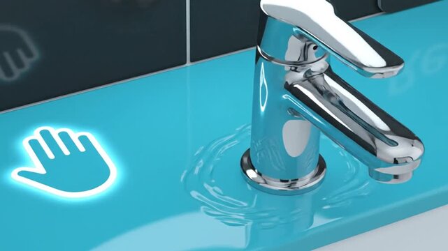 Touchless Faucet Activation and Water Flowing in a Clean Bathroom Basin Environment