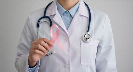 A medical professional, doctor or nurse, with a stethoscope around their neck, holds a pink ribbon symbolizing support for breast cancer prevention.