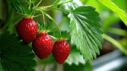 Fresh red strawberries growing on green leaves in natural setting