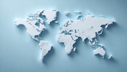 Modern world map in elegant white relief on calming blue background for geography and global business themes
