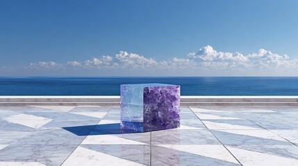 Translucent cube rests on marble terrace overlooking ocean under blue sky