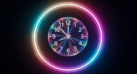 Vibrant neon clock radiates energy and modern style against a dark backdrop, symbolizing time management and futuristic concepts with vivid colors