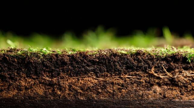 Detailed cross section of soil layers showcasing rich organic material and grass roots