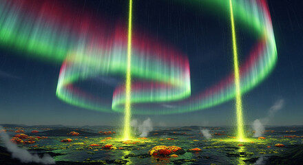 Experience the magic of the Aurora Borealis dancing across a strange and wonderful landscape, radiating vibrant colors and otherworldly beauty