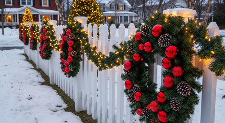 Festive Christmas wreaths adorn a charming white picket fence, warmly welcoming the holiday season with snow and twinkling lights, perfect for holiday cards.