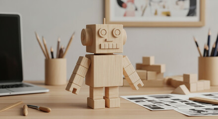 Whimsical wooden robot toy inspires creativity and learning on a modern desk with art supplies and a laptop, perfect for design and tech concepts.
