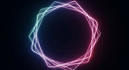 Vibrant neon geometric frame pulses with electric pink and teal energy against a deep black void, perfect for futuristic designs.