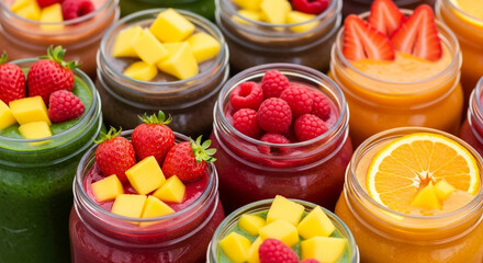 Vibrant assortment of delicious fruit smoothies in glass jars, bursting with fresh strawberries, mango, raspberries, and orange slices for a healthy treat