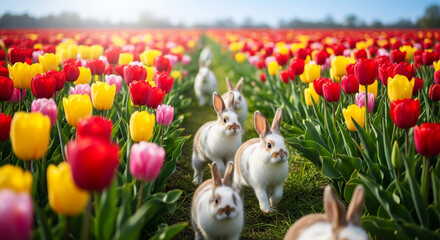 Adorable fluffy bunnies hop through a vibrant field of red, yellow, and pink tulips under a bright sunny sky evoking spring joy and natural beauty.