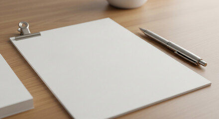Clean white notepad and pen on a warm wooden desk ready for your brilliant ideas and important notes