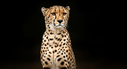 Majestic cheetah with striking orange eyes gazes intently against a dramatic black background, exuding power and wild beauty.