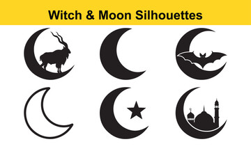 Mystical crescent moons witch bat and mosque silhouettes on transparent background