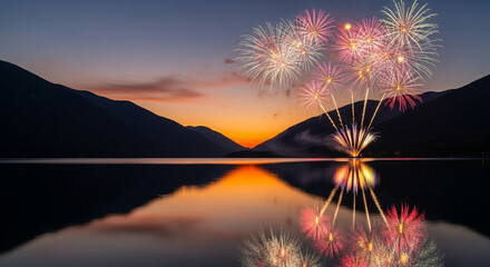 Spectacular fireworks illuminate a serene lake at sunset, painting the sky with vibrant colors and reflecting on calm waters, celebrating joy and wonder