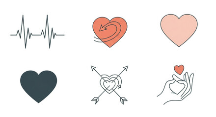 Captivating collection of hearts and medical symbols symbolizing life, love, and connection in a modern graphic style.