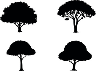 Set of four black tree silhouettes with diverse canopy shapes and trunk styles isolated on white background for nature design concepts