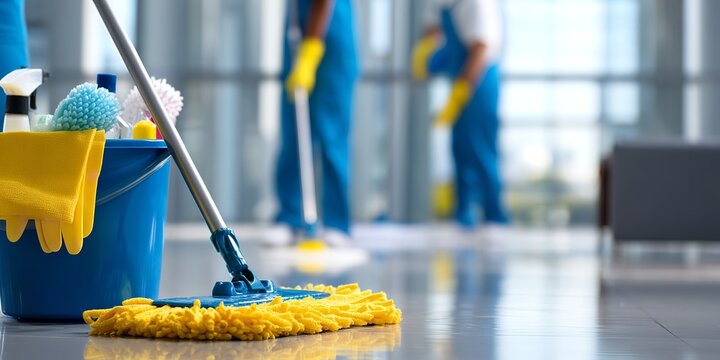 Professional cleaning service in action with vibrant mop and bucket ensuring spotless commercial spaces