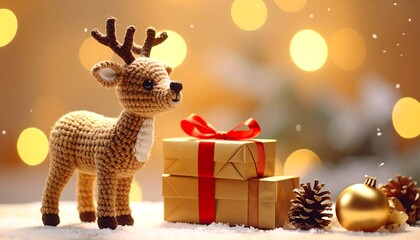 Adorable crocheted reindeer with gifts and golden ornaments creates a warm, nostalgic Christmas scene perfect for holiday greetings and seasonal promotions