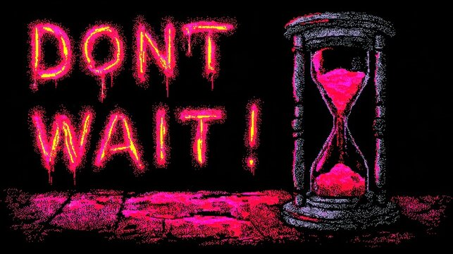 Retro Pixel Art Hourglass with &ldquo;Don&rsquo;t Wait&rdquo; Text in Vintage Atari Style Graphics