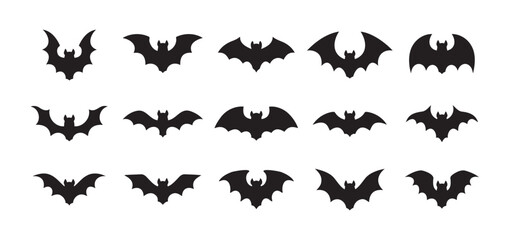 Halloween black bat isolated silhouettes holiday horror, vector cartoon icons. Flying vampire bat silhouettes for Halloween and trick or treat party scary and spooky decoration