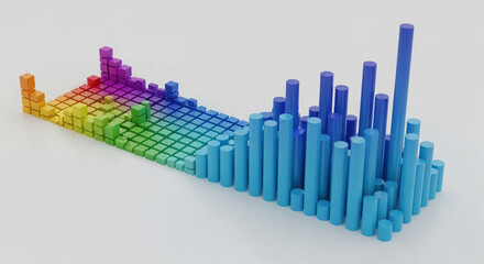 Dynamic 3D bar chart illustrates business growth and data analysis with vibrant rainbow gradient transitioning to cool blues, perfect for reports and presentations.