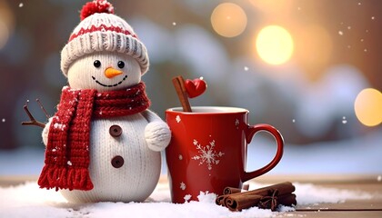 Celebrate winter's charm with a warm drink and smiling snowman, perfect for holiday greetings, cozy social media posts, and festive marketing campaigns
