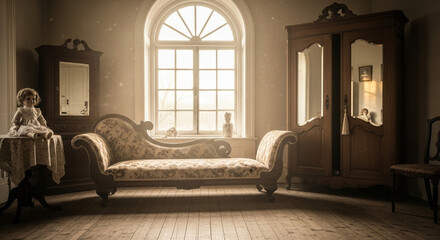 Eerie antique doll sits on lace cloth beside ornate chaise lounge and wooden armoire bathed in soft window light