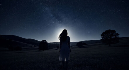 Young woman gazes at a breathtaking starry night sky over rolling hills, feeling inspired and connected to the universe.