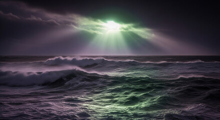Dramatic sunbeams pierce stormy skies, illuminating powerful ocean waves crashing with vibrant energy and a mystical aura.