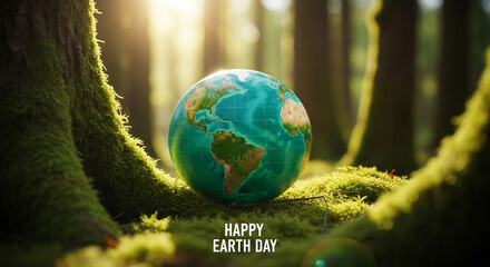 Vibrant Earth globe nestled in lush mossy forest, bathed in golden sunlight, celebrating nature's beauty and environmental awareness.