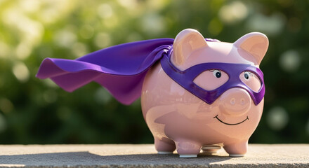 Super savings hero piggy bank with cape and mask soaring to financial freedom and wealth protection outdoors