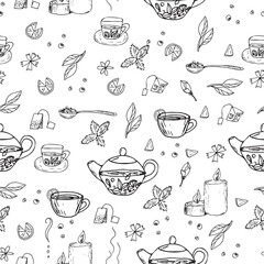 Seamless tea pattern with teapot, cup, lemon, herbal leaves, tea bag, candle. Hand drawn doodle style illustration for packaging, textile, wallpaper, kitchen design