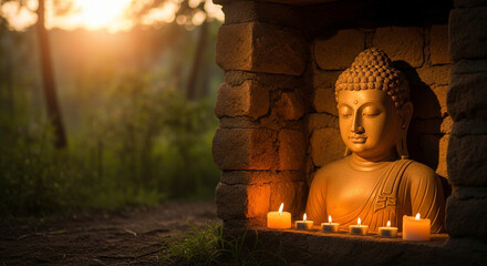 Serene golden Buddha statue bathed in warm sunset light, surrounded by flickering candles in a peaceful forest sanctuary