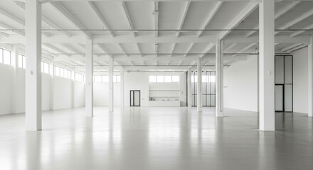 Spacious modern white loft studio with abundant natural light, perfect for events, exhibitions, or creative workspaces.