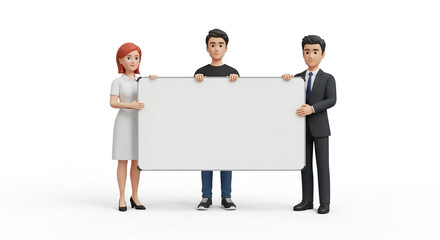 Confident team proudly presents key information on a blank whiteboard, ready for your business message and impactful presentation.