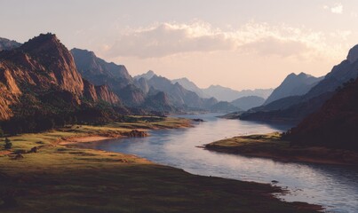 Obraz premium Majestic River Valley Landscape with Mountains and Cloudy Sky at Sunset.