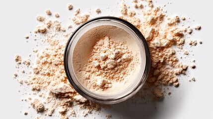 Translucent face powder overflowing from a jar on bright white background