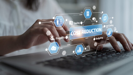 A focused workspace scene showcasing hands typing on a keyboard surrounded by digital icons emphasizing cost reduction and budget strategies for effective business management. Tessel
