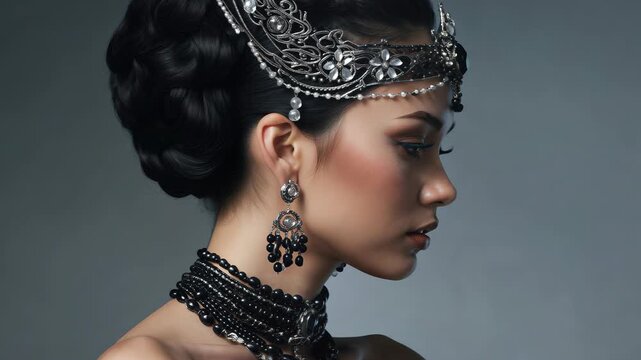 Elegant portrait of a woman in elaborate black jewelry and headpiece showcasing cultural artistry and beauty